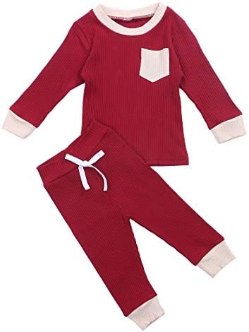 Unisex Toddler Bebek Kız Erkek Sonbahar ve Kış Düz Renk Pamuk Örme Kıyafetler Uzun Kollu Fırfır Romper + Pantolon Giysileri